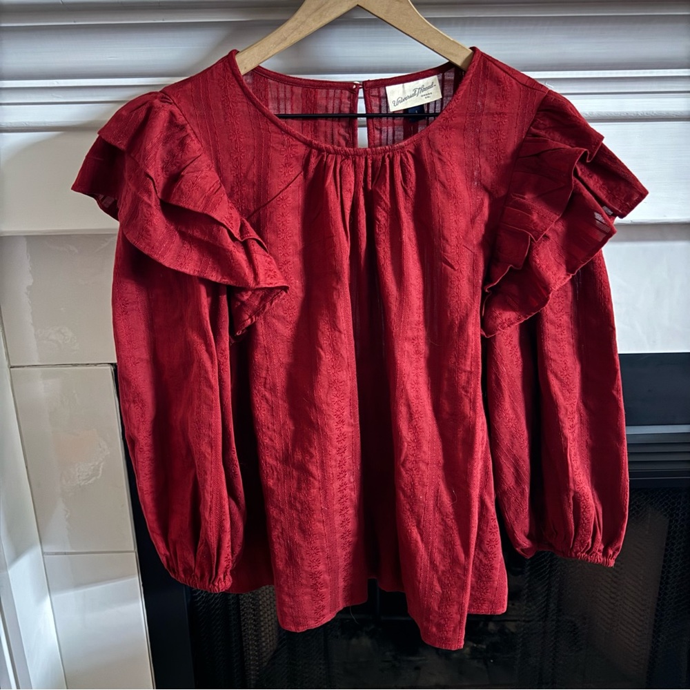 Universal Thread Maroon Embroidered Ruffle Long Sleeve Top Size Large